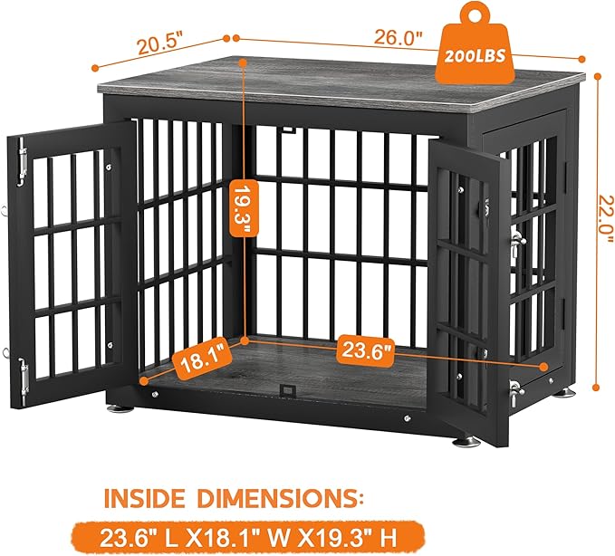 26 Inch Heavy Duty Dog Crate Furniture for Small Dogs, Decorative Pet House End Table, Wooden Cage Kennel Furniture Indoor, Gray-PawvioPets