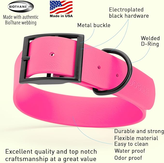 Dogline Biothane Waterproof Dog Collar Strong Coated Nylon Webbing with Black Hardware Odor- Proof for Easy Care Easy to Clean High Performance Fits Small Medium or Large Dogs, Passionfruit Pink-PawvioPets