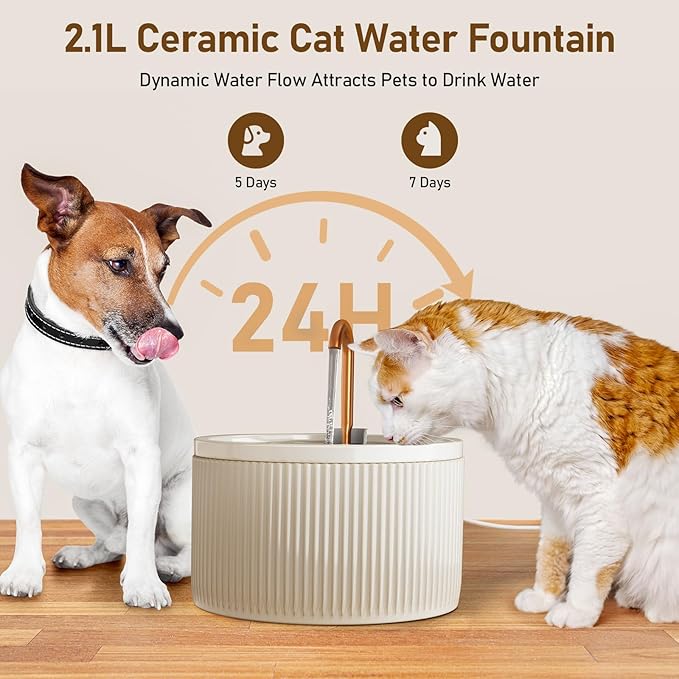 DOOOB Ceramic Cat Water Fountain, 2.1L/71oz Ceramic Cat Fountains, Automatic Pet Water Fountain for Cats, Pet Water Fountain with Ultra-Quiet Pump and 3 Filters & 3 Sponges (Beige)-PawvioPets