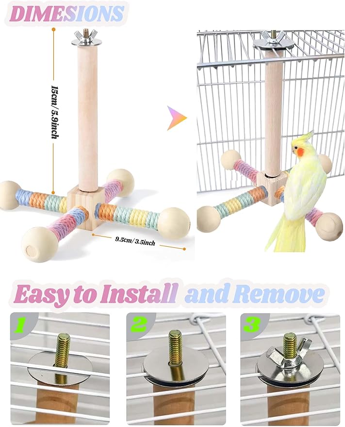 Bird Stand Perch Toy for Small & Medium Birds, 360° Rotating Natural Wooden Parrot Perchs for Bird Cages, Interactive Spinning Toy fo Parrot Parakeets Cockatiels Lovebirds Conures Finches Budgies-PawvioPets
