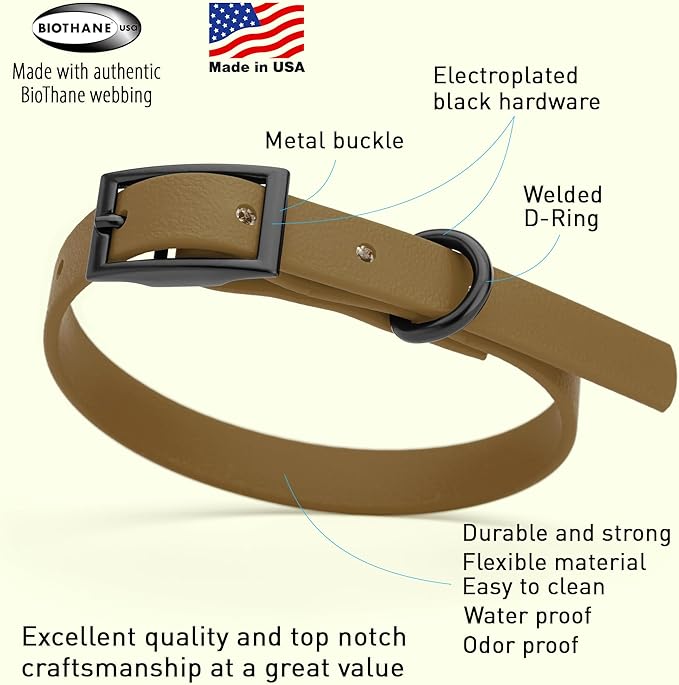 Dogline Biothane Waterproof Dog Collar Strong Coated Nylon Webbing with Black Hardware Odor- Proof for Easy Care Easy to Clean High Performance Fits Small Medium or Large Dogs, Coyote Brown-PawvioPets