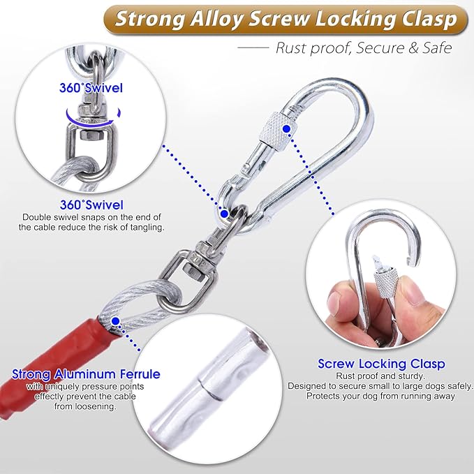 Dog Tie Out Cable for Dogs Outside Up to 125/250lbs,10/20/30/50FT Long Dog Leash&Chains,Small-Large Dogs Runner Cable for Yard,Heavy Duty Lead Line for Outdoor,Camping,Yard(250lbs 50FT, Silver)-PawvioPets