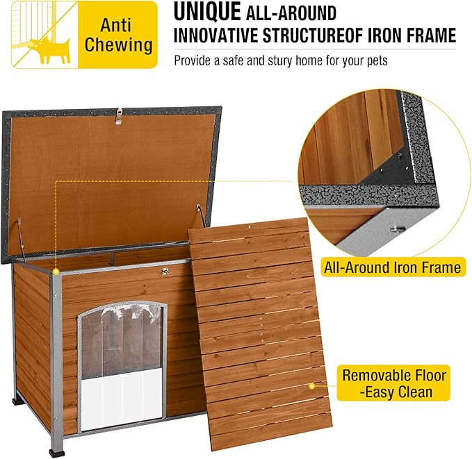 Aivituvin Dog House Outdoor & Indoor Wooden Dog Kennel for Winter with Raised Feet Weatherproof for Small & Medium & Large Dogs,Unique All-Around Iron Frame…-PawvioPets