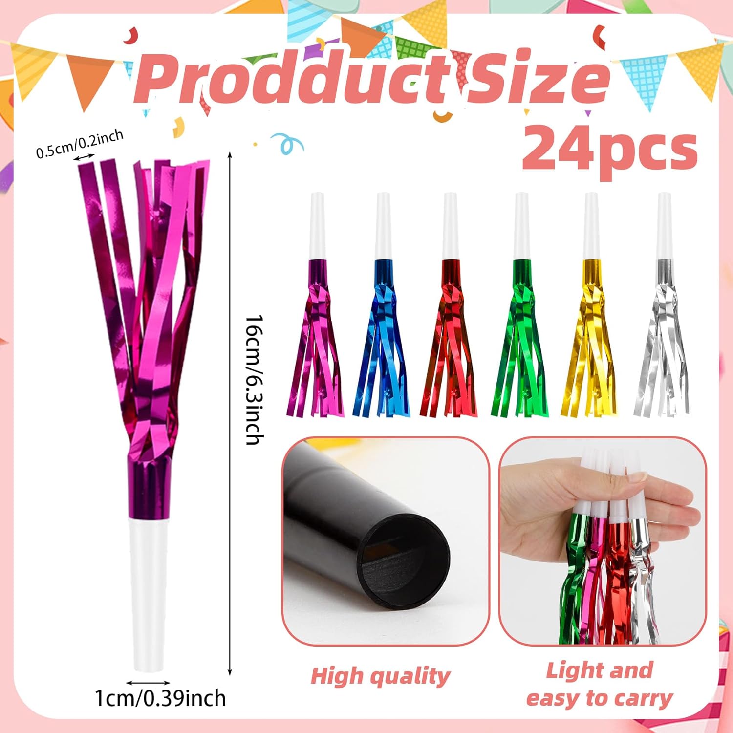 Party Blowers, 24 PCS New Years Noise Makers, Glitter Metallic Fringed Party Blowouts for Kids Birthday Graduations, Colorful Blow Horns Whistles for Christmas Weddings Family Sporting Events Supplies
