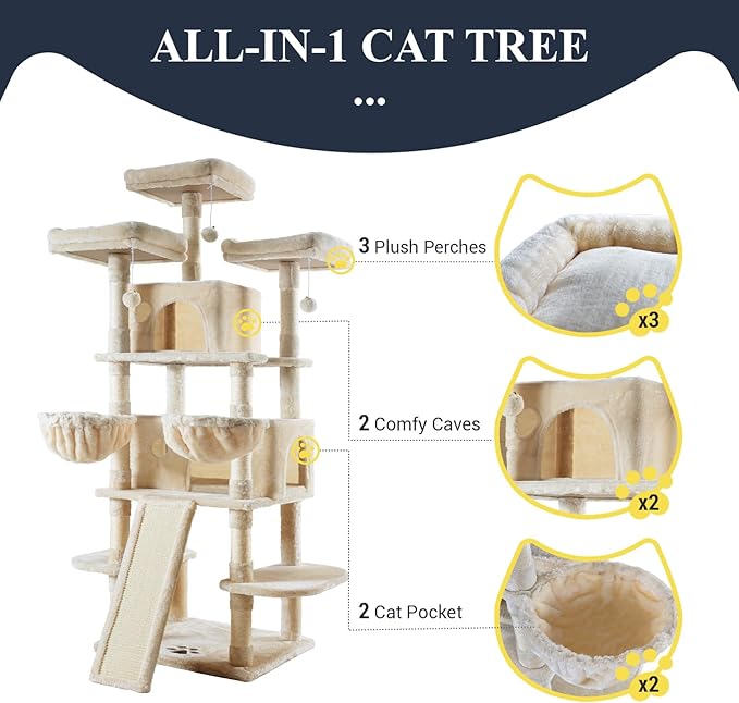 Allewie 68 Inches Cat Tree/House and Towers for Big Feline/Scratching Post/Multi-Level Large Kitty Climbing Tree with Condo/Beige-PawvioPets