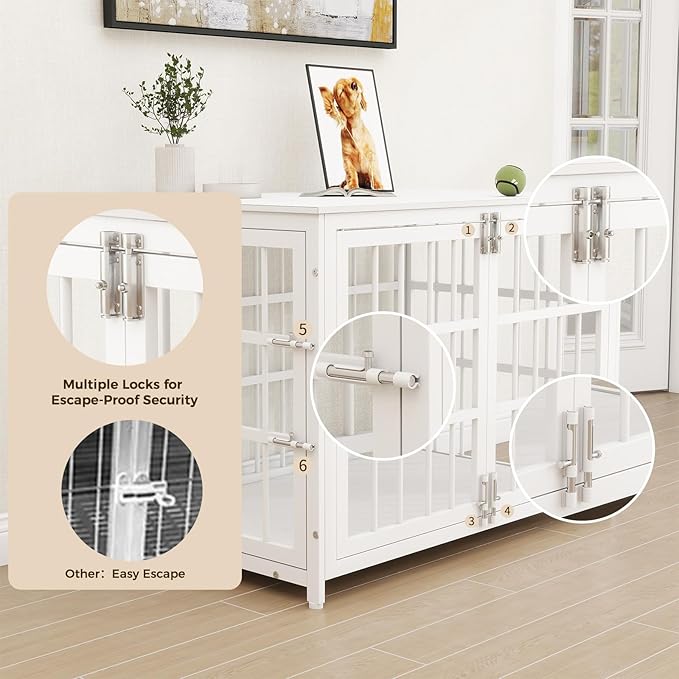 38 Inch Heavy Duty Wooden Dog Kennel End Table with Double Door Design and Secure Locks, Indoor Pet Crate Furniture for Medium Dogs, Decorative Home Cage Design,White-PawvioPets