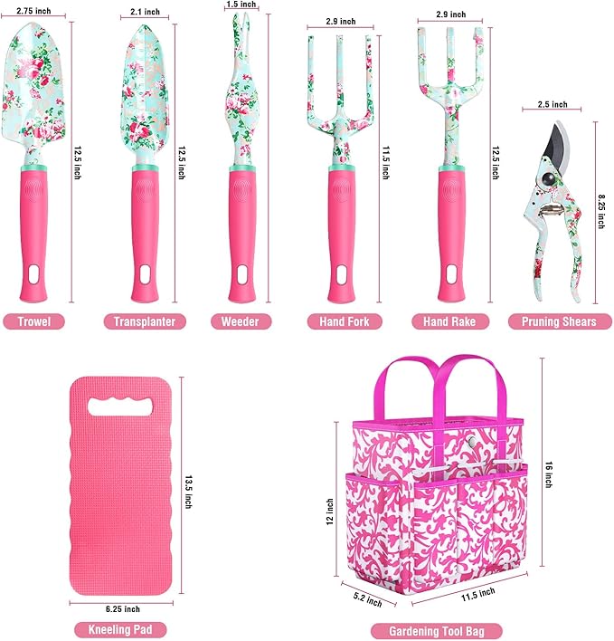 Gardening Tools, 8 Pcs Heavy Duty Floral Garden Tool Set Birthday Gifts for Women WANCHI Rose Red Gardening Kit (Garden Tool Bag Kneeling Pad Weeder Fork Hand Rake Pruning Shears Trowel Transplanter)-PawvioPets