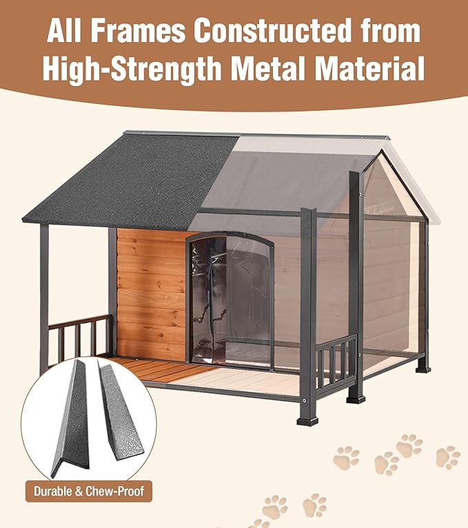 Extra Large Dog House Outdoor for Large Dogs, Insulated Dog House with Metal Frame, Waterproof Dog Shelter with Asphalt Roof, PVC Curtain & Multifunctional Patio, Indoor Outdoor Use-PawvioPets