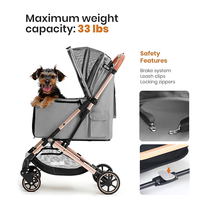 Foldable Pet Stroller for Dogs and Cats, 33 lbs Capacity, 360° Swivel Front Wheels, One-Click Fold, Brake System, Leash & Lock Clips, Removable Washable Padding, and Cup Holder (Gray, 33 lbs)-PawvioPets