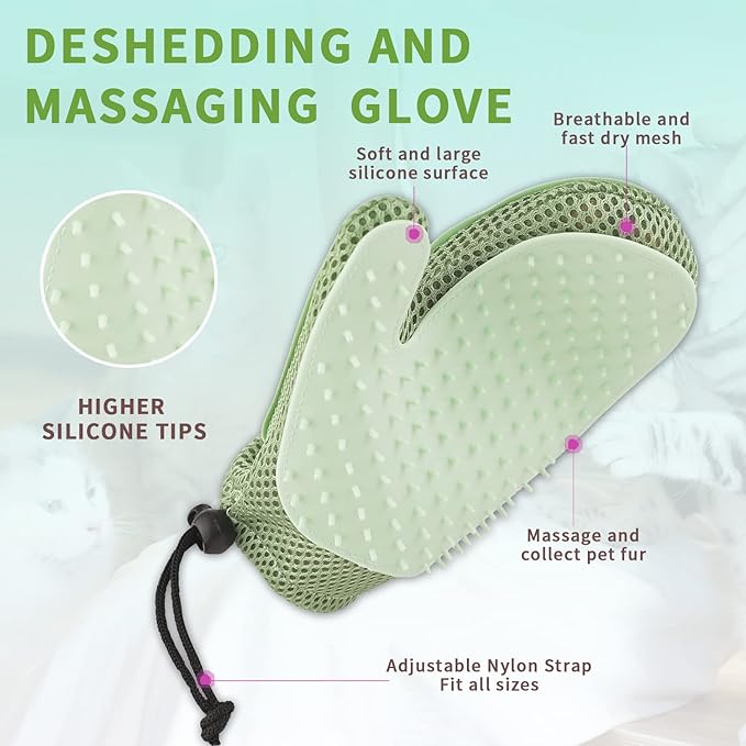 2 in 1 Pet Fur Glove & Cat Hair Remover Glove, Dog Grooming Glove Brush for Shedding, Massage, Efficient Pet Hair Remover Mitt for Couch, Carpet [Green/Single]-PawvioPets