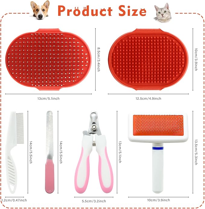 Cat Grooming Kit Set with Pet Shedding Slicker Brush Nail Clipper Trimmer Pet Massage Bath Glove Flea Comb for Bunny Puppy Kitten Guinea Pig Chinchilla Ferret Small Animals (Red, Pink)-PawvioPets