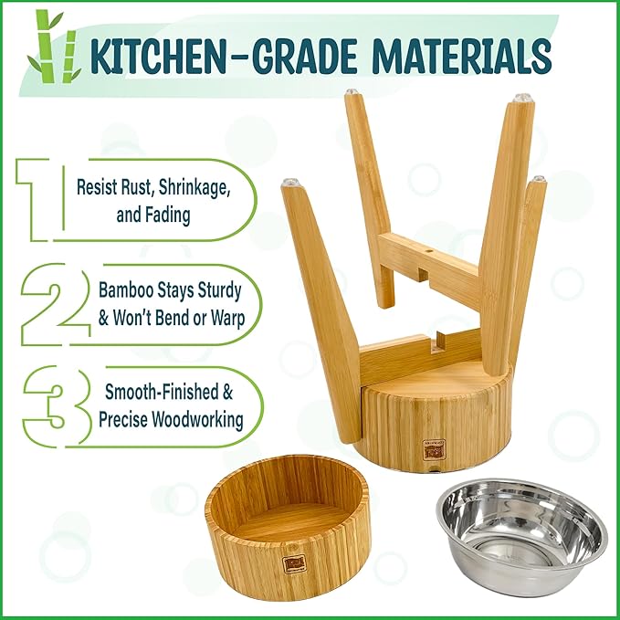 Elevated Dog Bowls for Large Breed - (15-Inch Tall, 74-oz Cap), Deter Ants and Bugs - Raised Single Feeder, Suitable for Dry and Wet Pet Foods - Bamboo with Stainless Steel Dish-PawvioPets