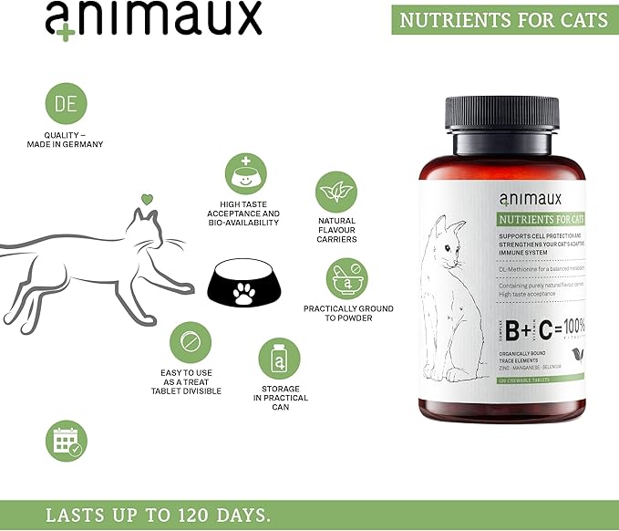 animaux – nutrients for Cats, All-Natural Cat Vitamins, Cat Essentials to Strengthen The Immune System & Natural Cell Protection, Healthy Skin & Shiny Coat, 120 Chewable Tablets, 120 Days Supply-PawvioPets