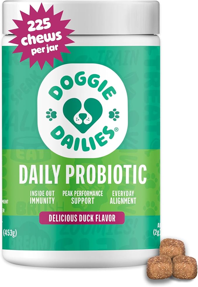 Doggie Dailies Probiotics for Dogs, Advanced Probiotics with Prebiotics, Promotes Digestive Health, Supports Immune System & Overall Health, Duck Flavor, 225 Chews-PawvioPets
