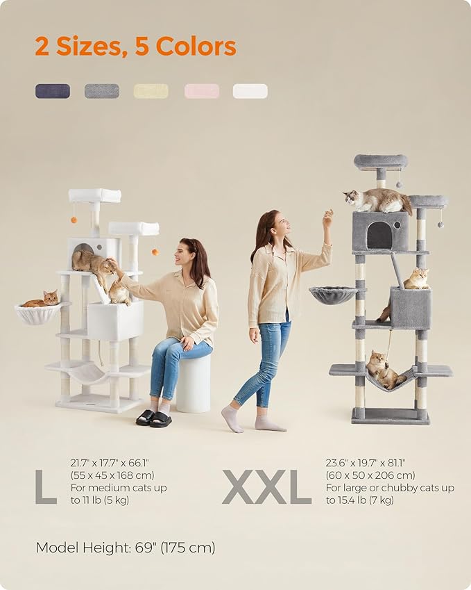 Feandrea Cat Tree, 66.1-Inch Large Cat Tower with 13 Scratching Posts, 2 Perches, 2 Caves, Basket, Hammock, Pompoms, Multi-Level Plush Cat Condo for Indoor Cats, Beige UPCT165M01-PawvioPets