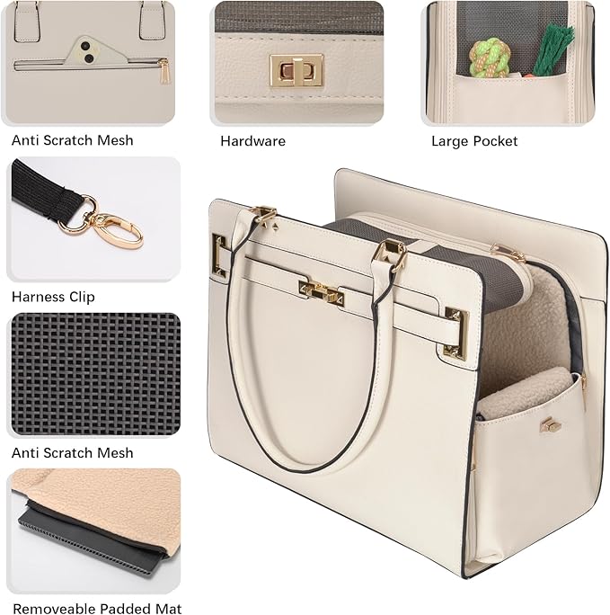 2-in-1 Stylish Dog Purse Carrier Soft-Sided Carriers Travel Tote Bag for Small Dogs Cats, Fashion Foldable Pet Bag for Puppies Small Animals with Pockets (White, 15" L x 7.5" W x 12.2" H)-PawvioPets