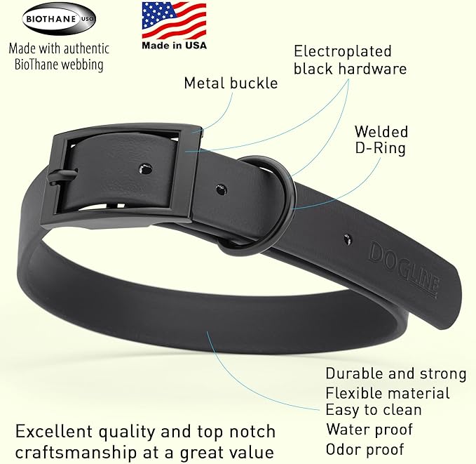 Dogline Biothane Waterproof Dog Collar Strong Coated Nylon Webbing with Black Hardware Odor- Proof for Easy Care Easy to Clean High Performance Fits Small Medium or Large Dogs, Black-PawvioPets