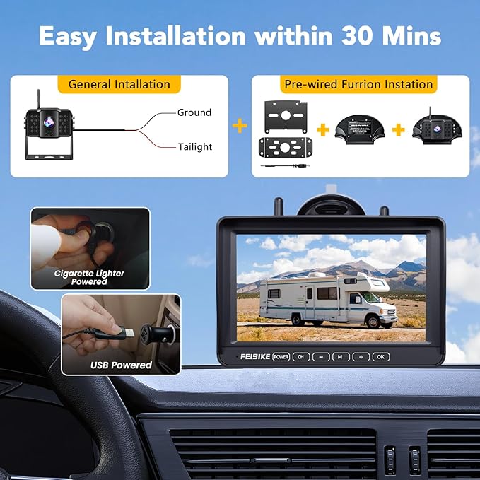 Dual RV Backup Camera Wireless with 7" 1080P Monitor, for Furrion Pre-Wired RVs, 4-Channel Split Screen System, Loop Recording, IR Night Vision, Wide Rear View Camera for Truck, Trailer, Camper-PawvioPets
