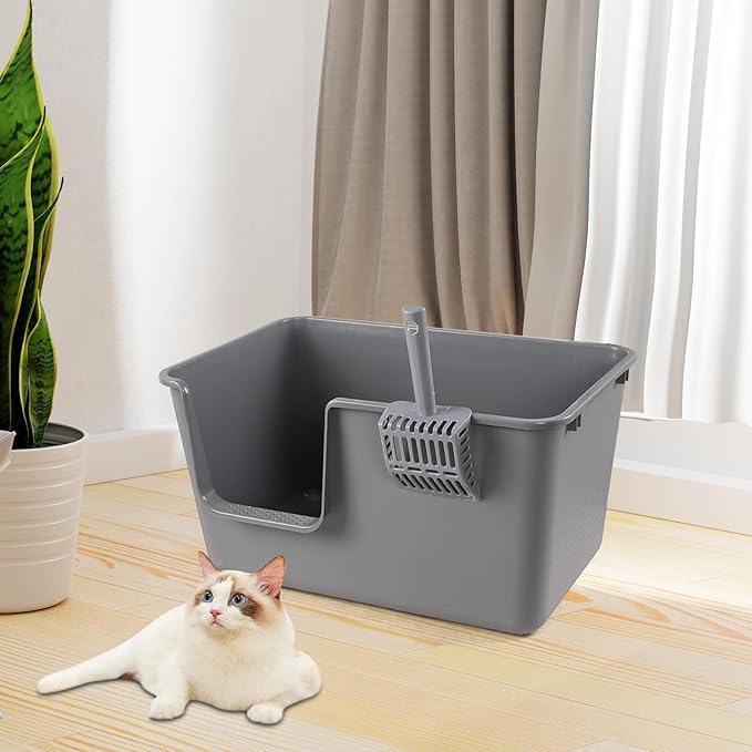 4 Packs Large Cat Litter Box with High Sides, Grey Open Top Cat Litter Basin-PawvioPets