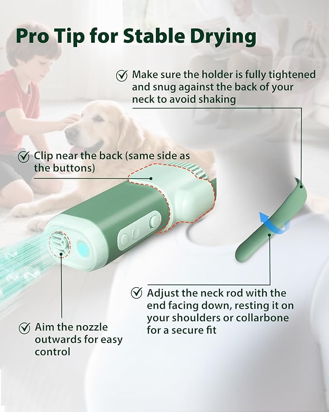 2-in-1 Hands-Free Dog Hair Dryer with Table Clamp – Low Noise Pet Grooming Dryer for Dogs & Cats, Adjustable Heat & Speed, Wearable or Desktop Use(Green)-PawvioPets