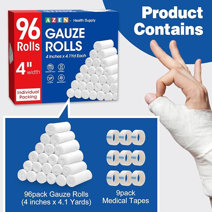 AZEN 96 Pack Gauze Rolls Bandages, 4 in x 4.1 Yards, Premium Medical Supplies & First Aid Supplies, Bandage Wrap Vet Wrap, Mummy Wraps-PawvioPets