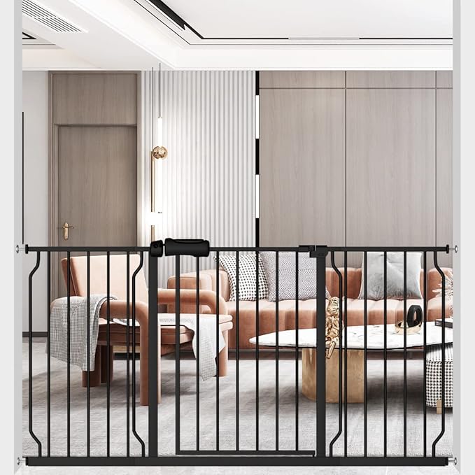ALLAIBB Extra Wide Pressure Mounted Baby Gate Walk Through Child Kids Safety Toddler Tension White Long Large Pet Dog Gates with Extension for doorways Kitchen (57.48-62.20"/146-158cm, Black)-PawvioPets