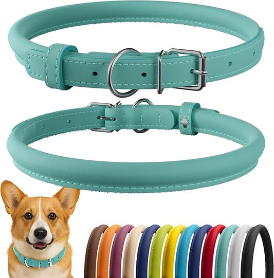 CollarDirect Rolled Leather Dog Collar, Soft Padded Round Puppy Collar, Handmade Genuine Leather Collar Dog Small Large Cat Collars 13 Colors (11-14 Inch, Mint Green Smooth)-PawvioPets