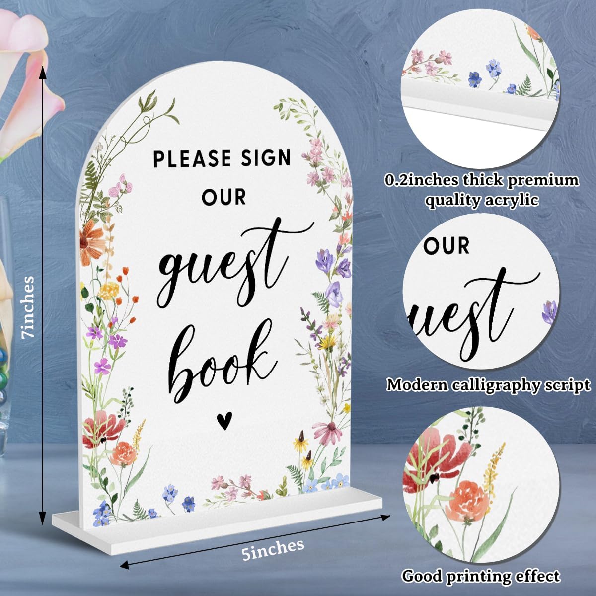 Acrylic Wedding Signs, Bridal Shower Decorations, Modern Arched Round Top Acrylic Table Top Sign with Holder for Wedding Reception Party Dinner - Please Sign Our Guestbook (White Wildflowers)