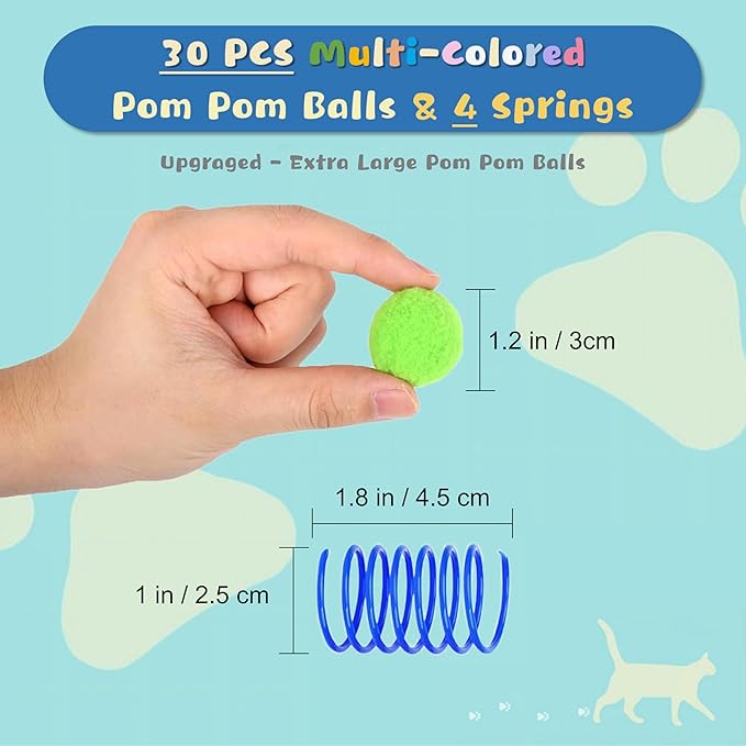 30 Pcs Premium Silent Cat Pom Pom Balls, Interactive Lightweight Assorted Colors Fuzzy Toy Balls (1.2 inches), with 4 Pcs Cat Spring Toy for Indoor Kitten Playing Exercising-PawvioPets