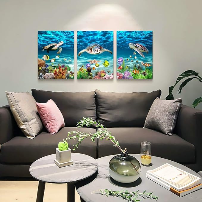Canvas Wall Art for Living Room Large Size Wall decor for Bedroom Bathroom Wall Decoration blue Ocean Sea Turtle Paintings Modern shark Pictures Artwork office Decor Ready to Hang 16" x 24" 3 Piece-PawvioPets