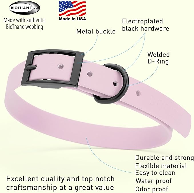 Dogline Biothane Waterproof Dog Collar Strong Coated Nylon Webbing with Black Hardware Odor- Proof for Easy Care Easy to Clean High Performance Fits Small Medium or Large Dogs, Pastel Purple-PawvioPets