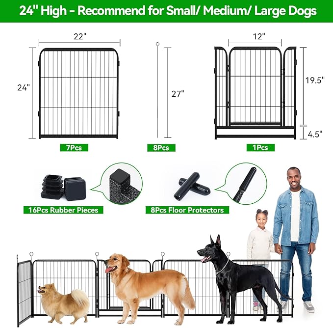 Dog Playpen Outdoor Extra Wide 16 Piece Panels Heavy Duty Dog Fence 24" Height Anti-Rust with Doors Portable for RV Camping Yard, Total 29FT, 68 Sq.ft, Snowy Black-PawvioPets