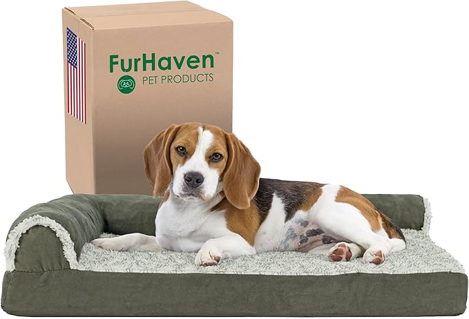 Furhaven Cooling Gel Dog Bed for Medium/Small Dogs w/ Removable Bolsters & Washable Cover, For Dogs Up to 35 lbs - Two-Tone Plush Faux Fur & Suede L Shaped Chaise - Dark Sage, Medium-PawvioPets