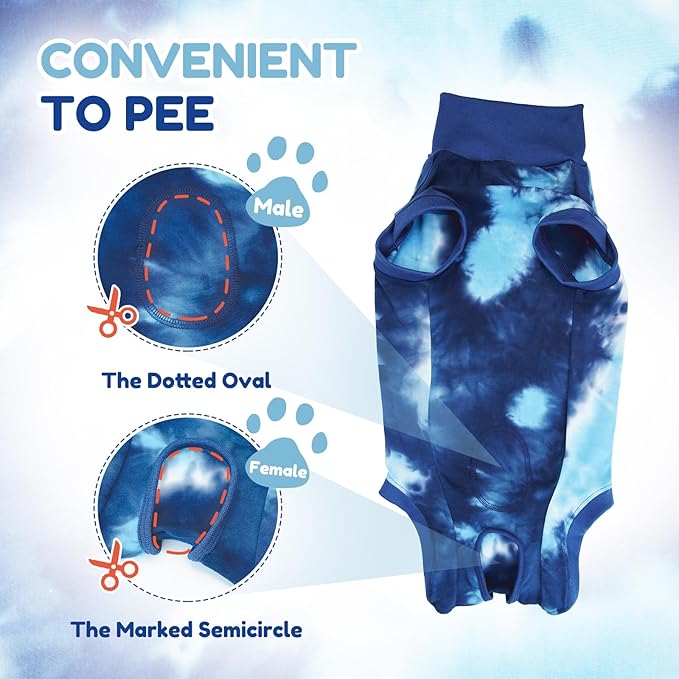 Breathable Dog Recovery Suit for Male/Female, Tie Dye Blue Dog Onesie for Abdominal Wounds, Cone E-Collar Alternative After Surgery to Anti-Licking, Professional Surgery Suit for Dogs-PawvioPets