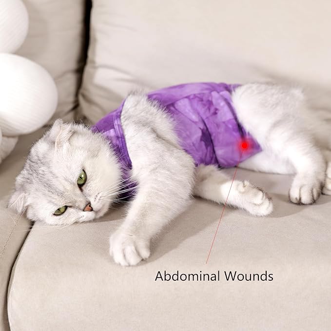 Cat Recovery Suit for Male and Female Surgical Post Surgery Soft Cone Onesie Tie Dye Cats Shirt Clothes Neuter Licking Protective Diapers Outfit Cover Kitten Spay Collar Alternative(Purple, L)-PawvioPets
