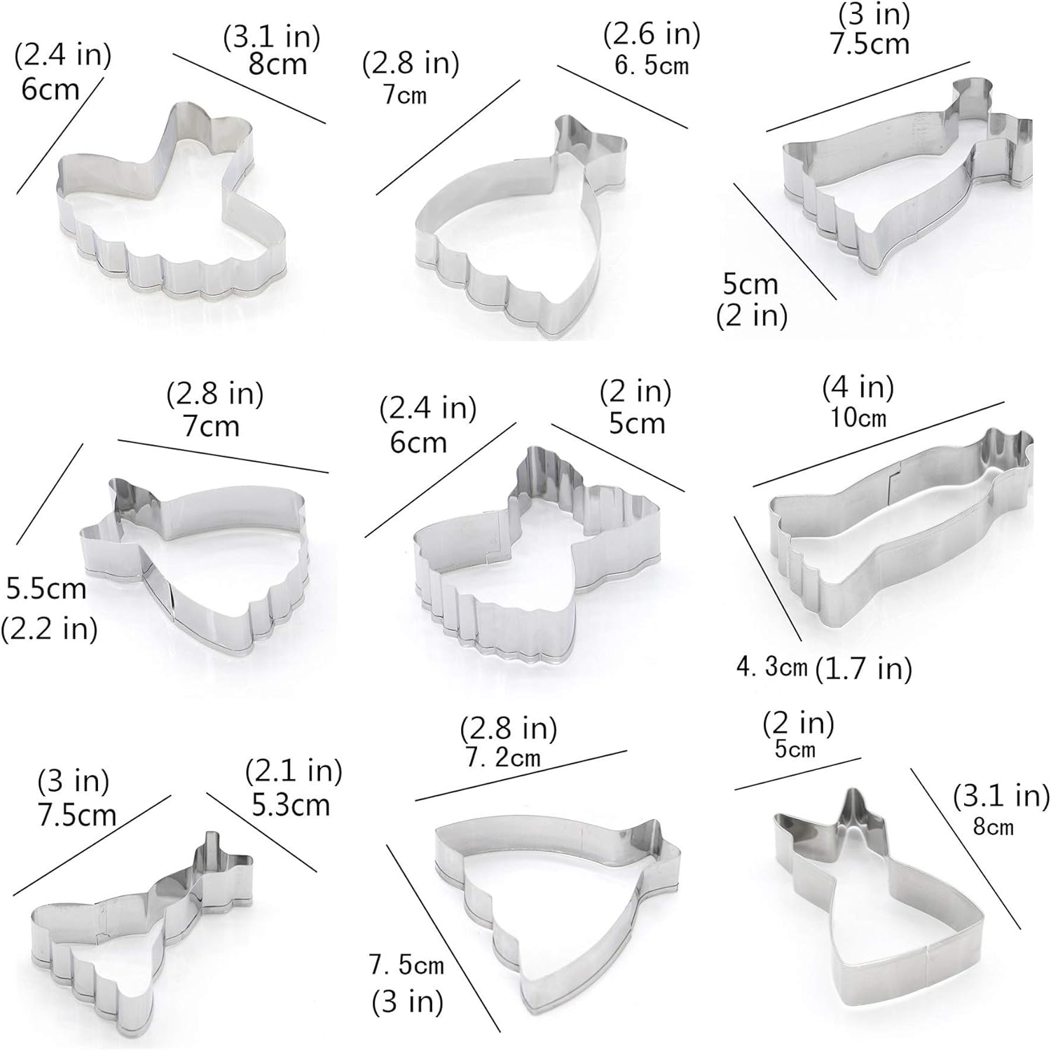Mini Dress Cookie Cutter Set of 9 pcs, Stainless Steel Mini ONE-BITE SIZE Wedding Dress Shaped Fondant Cutters Baking Molds