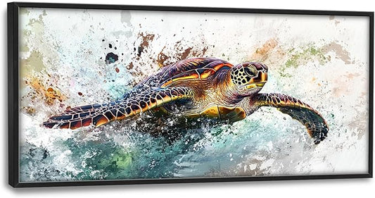 Extra Large Framed Sea Turtle Wall Art,Oversized Abstract Colorful Sea Nautical Wall Decor Pictures for Living Room,Canvas Print Painting Modern Artwork Bedroom Office Bathroom Home Decor 60L x30W-PawvioPets