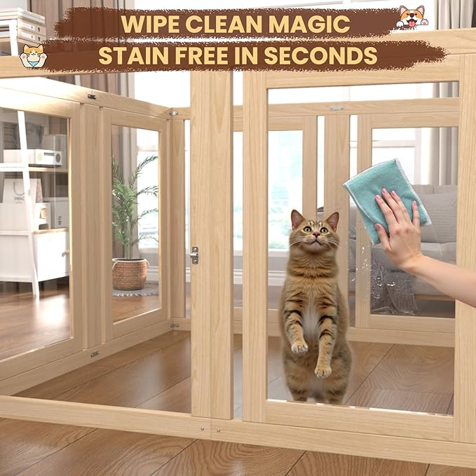 10 Panels Dog Playpen with Door, 23.6" H Pet Playpen Indoor, Clear Acrylic Puppy Playpens, Wooden Puppy Fence with Gate, Transparent Dog Pens, Pet Pen Indoor for Dogs, Cats, Rabbit (Wood)-PawvioPets