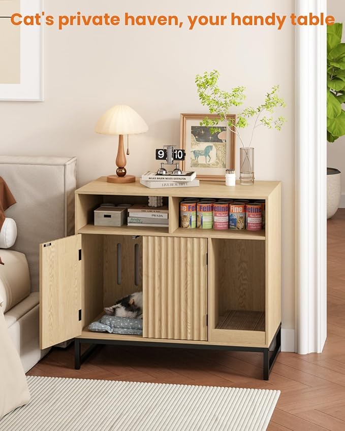Cat Litter Box Enclosure, Large Hidden Pet Storage Cabinet Furniture with Waveform Fluted Doors & Scratching Pad, Modern Wooden Cat House Indoor for Washroom, Living Room, Bedroom, Natural-PawvioPets