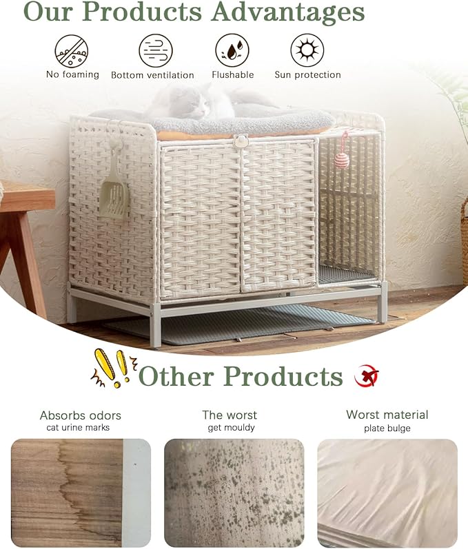Cat Litter Box Enclosure Furniture with Divider, Handwoven Rattan Litter Box with Mat, 31.2 x 19.6 x 24.2 Inches, Metal Heightened Feet, Hidden Cat House for Living Room, Bedroom (White)-PawvioPets