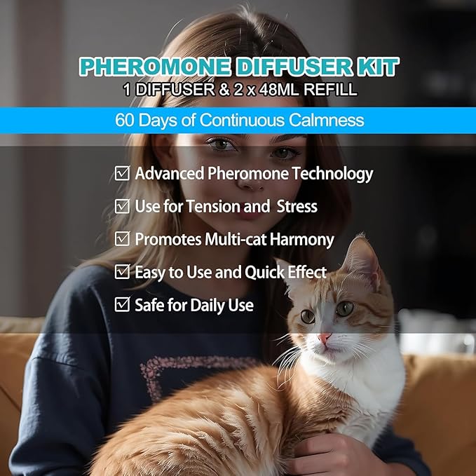 Cat Calming Diffuser, Cat Pheromones Calming Diffuser, Effectively Relieve Anxiety Stress Cat Diffuser Calming Multicat with 1 Diffuser + 2 Refill 48ml Last 60 Days Fits All Cats-PawvioPets