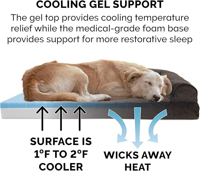 Furhaven Cooling Gel Dog Bed for Large Dogs w/ Removable Bolsters & Washable Cover, For Dogs Up to 95 lbs - Sherpa & Chenille Sofa - Coffee, Jumbo/XL-PawvioPets
