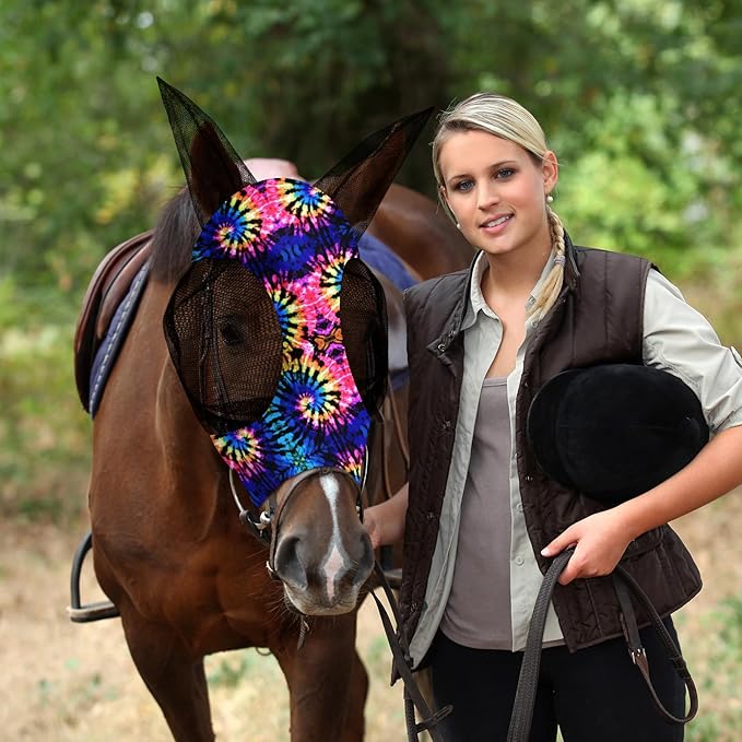 Frienda 4 Pieces Horse Fly Masks with Ears Face Covering UV Protection from Insect Pests Elasticity Smooth Comfortable Mesh Horse Mask Accessories(Tie-dye,Medium)-PawvioPets