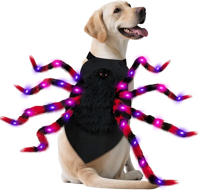 Dog Halloween Costume Large Breed, Furry Dog Spider Costume with 64 LED, Funny Halloween Dogs Costumes for Large Dogs Medium Pet Halloween Party Cosplay (Red)-PawvioPets