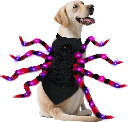 Dog Halloween Costume Large Breed, Furry Dog Spider Costume with 64 LED, Funny Halloween Dogs Costumes for Large Dogs Medium Pet Halloween Party Cosplay (Red)-PawvioPets