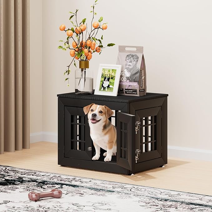 26" Heavy Duty Dog Crate Furniture for Small,Medium and Large Dogs,Rustic Wooden Dog Cage Kennel Indoor Furniture with Waterproof Top,Decorative Pet House Side End Table (Black)-PawvioPets