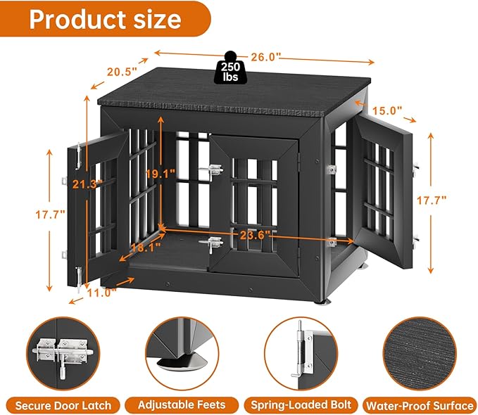 26" Heavy Duty Dog Crate Furniture for Small,Medium and Large Dogs,Rustic Wooden Dog Cage Kennel Indoor Furniture with Waterproof Top,Decorative Pet House Side End Table (Black)-PawvioPets