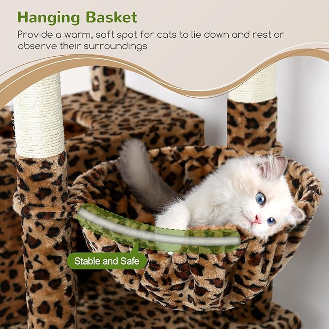 Globlazer Heavy Duty Cat Trees for Large Cats, Sturdy 72in Maine Coon Cat Tree for Large Cat 20 lbs+ Heavy Duty Cat Tower for Adult Biggest Cats with 6 Scratching Posts, Hammock, S72, Leopard Print-PawvioPets