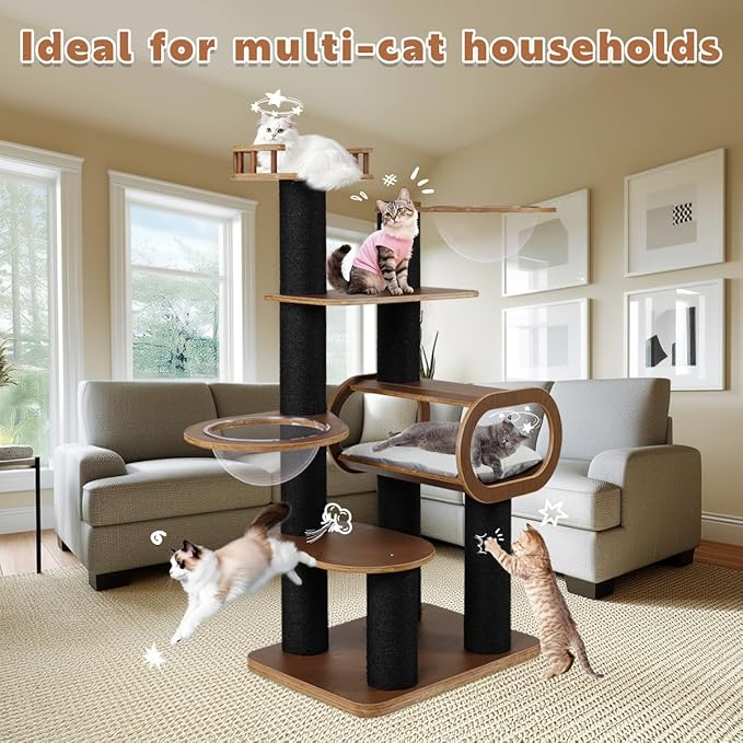 63'' Modern Cat Tree, Black Cat Tower with Scratching Post, Wooden Cat Tree for Indoor Cats Large Adult, Luxury Cat Furniture, Heavy Duty Activity Center with Transparent Bowl and Semi-Closed Condo-PawvioPets