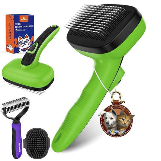 Dog Brush Kit - Self-Cleaning Slicker Brush with Bath Brush & Undercoat Rake | Deshedding Tools for Large - Small Dogs & Cats, Professional 3-in-1 Pet Grooming Set for Heavy Shedding, Green-PawvioPets
